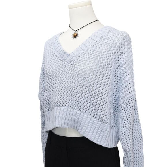 Aerie Light Blue Cropped Open Knit Sweater Soft Girl Cozycore M - Picture 2 of 6